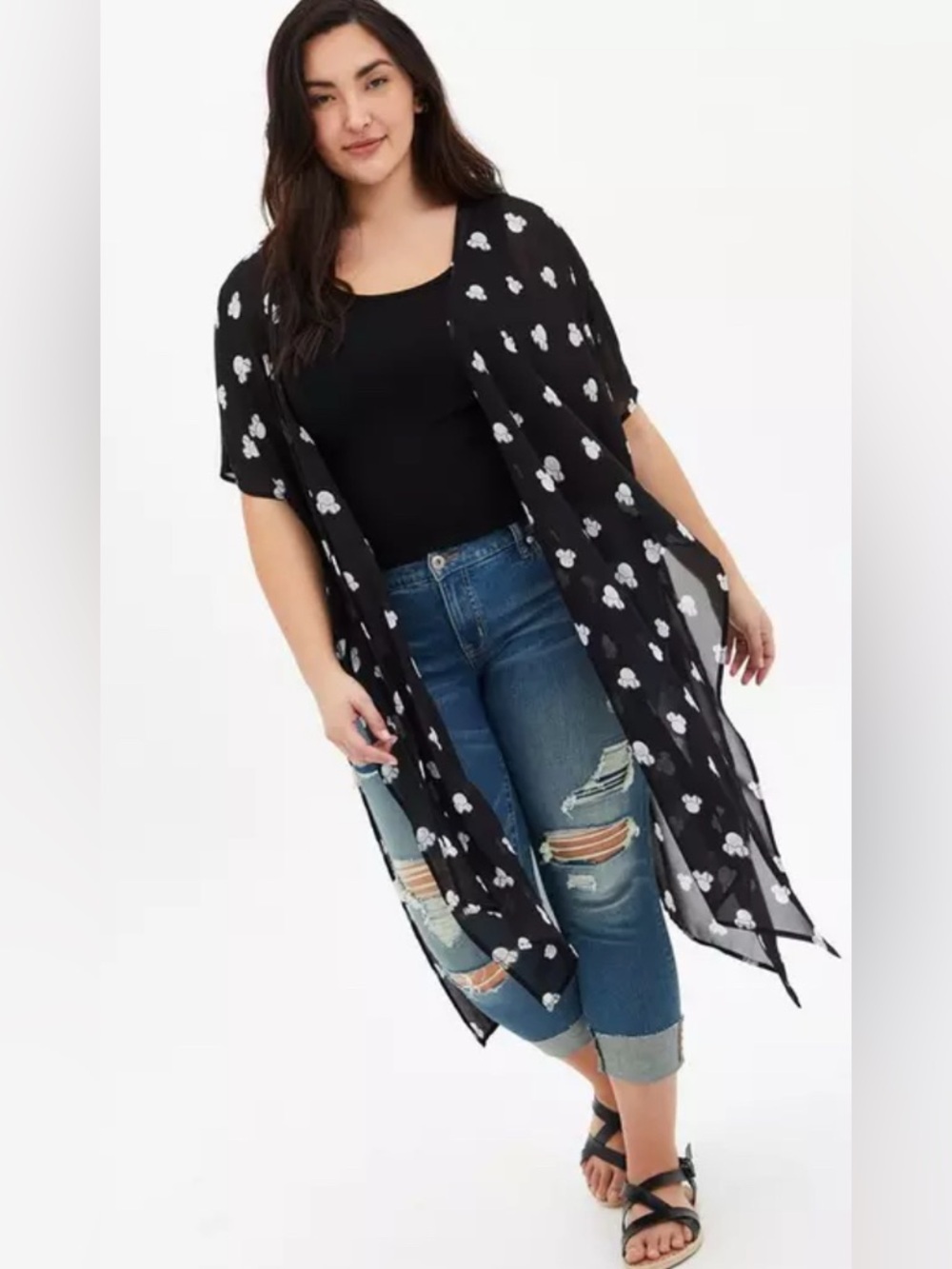 Torrid Disney Mickey Black Sheer Duster Kimono with White Pattern
Size 3/4